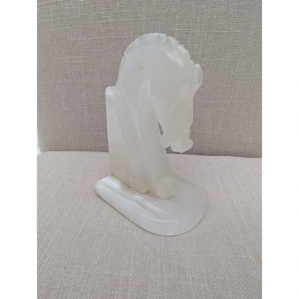 Vintage Carved White Onyx Horse Head Bookend Stone Sculpture Art Deco Style
